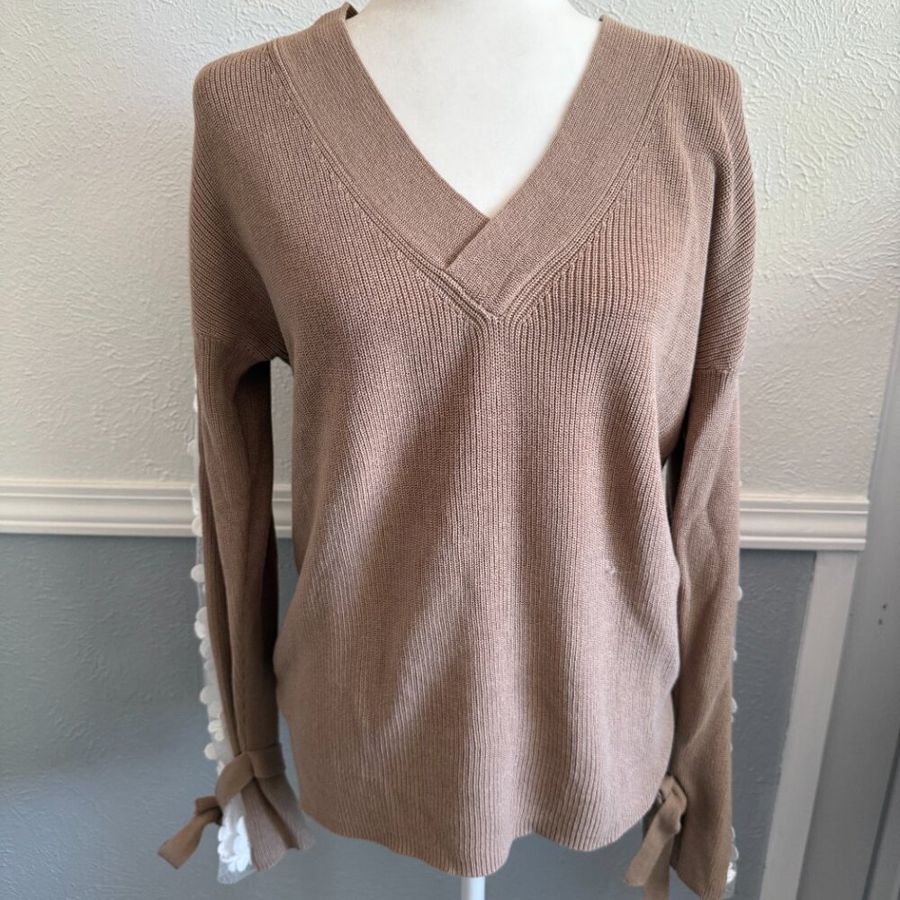 French Connection Taupe Knit Sweater with Lace Sleeve Detail | Size XS